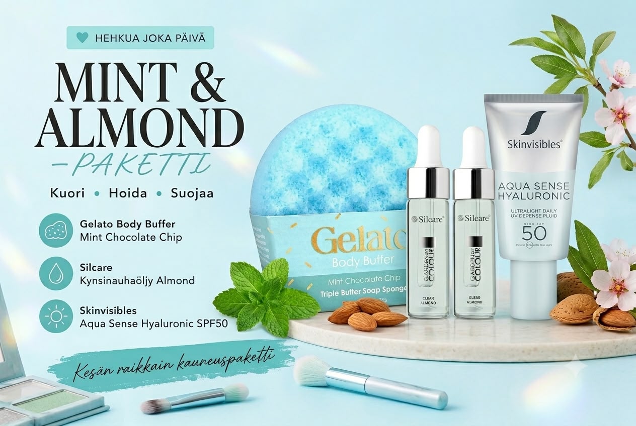 Arjen Hemmottelupaketti: Gelato Mint Buffer, Silcare Almond & Skinvisibles Aqua SPF50