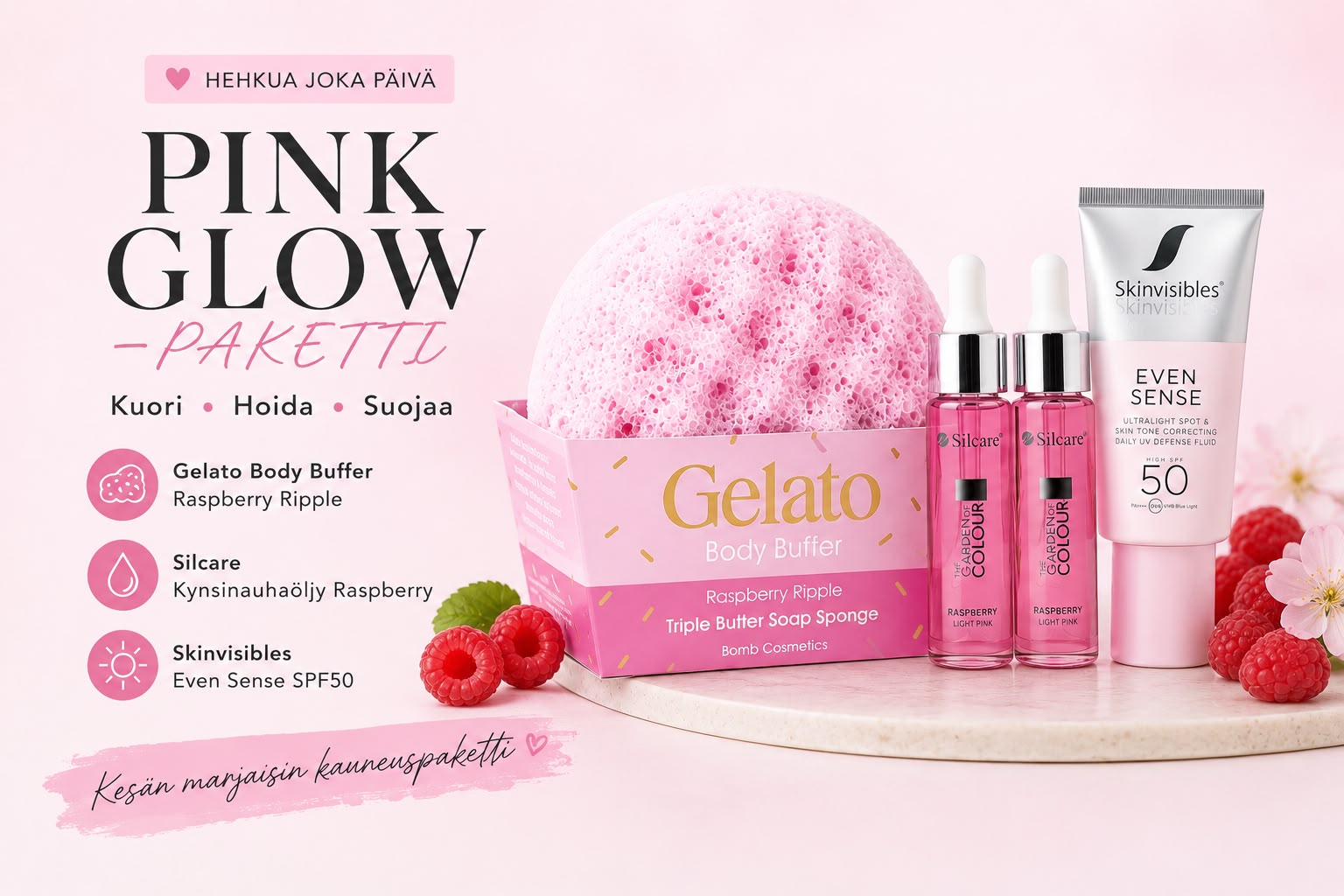 Berry Fresh & Even Skin -Hemmottelupaketti: Raspberry & Even SPF50