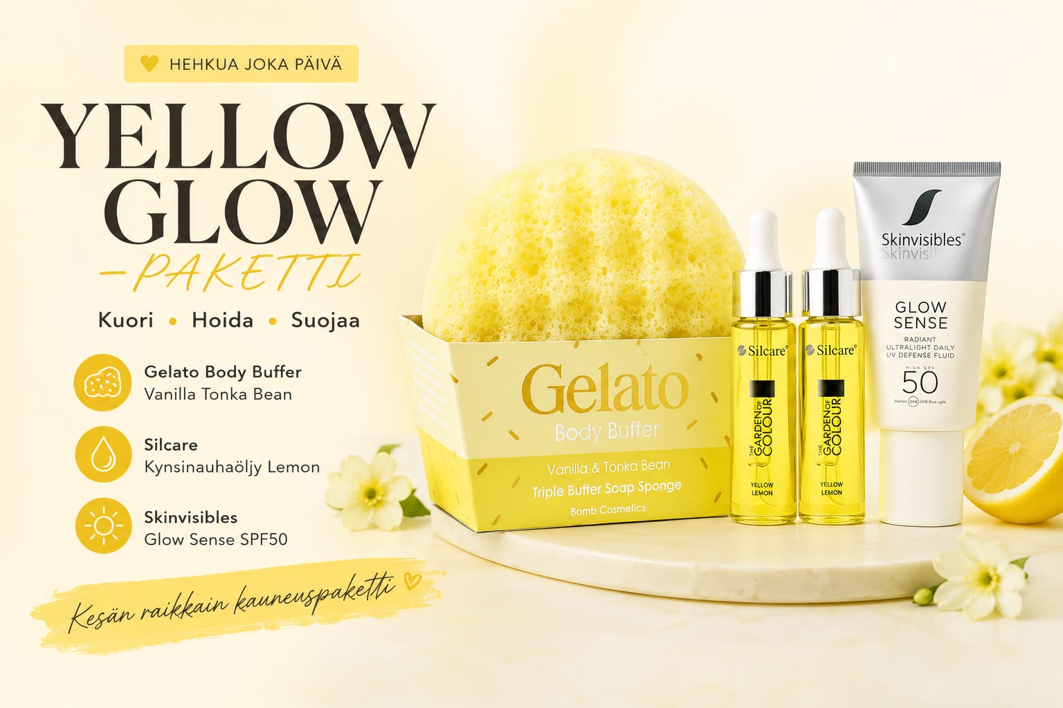 Hehkua ja Pehmeyttä -Hemmottelupaketti: Vanilla, Lemon & Glow SPF50